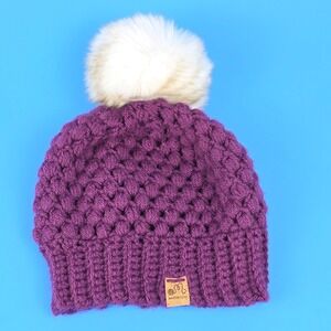 MAKESERIOUSLY Handmade Purple Crochet Knit Beanie Hat Cream Faux Fur Pom‎ Pompom
